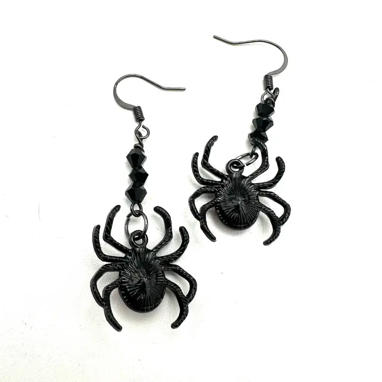 Spider Charm Dangle Earrings Black Red Handmade 2.25” x .75”