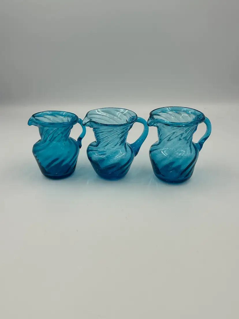 3 Blue Glass Creamers Hand Blown Swirl Design With Applied Handles