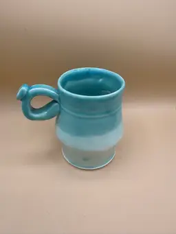 Signed Studio Pottery Shaped Mug Aqua Colored Gradiant With Thumb Rest - Signature Mark On Bottom
