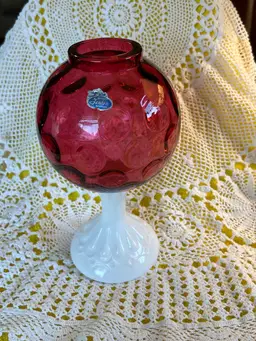 Fenton Cranberry Dot And Milk Glass Ivy Ball
