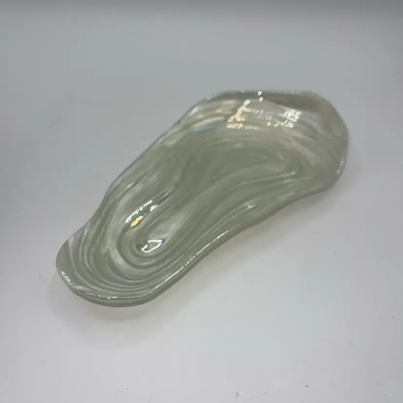 Glass Oyster Shaped Opalescent White Dish 8.5” Trinket Dish Ring