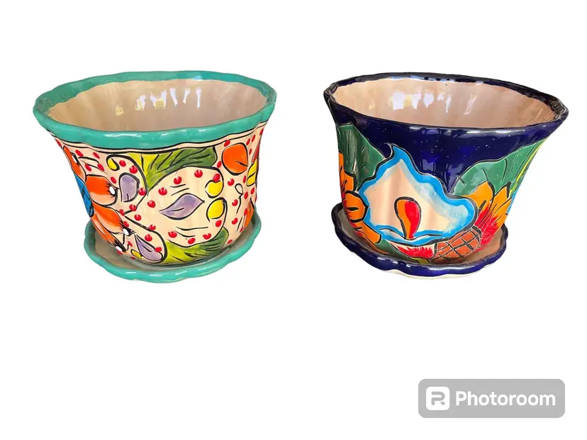 Item # 242 Talavera Pot with Plate/ Violetera Medium