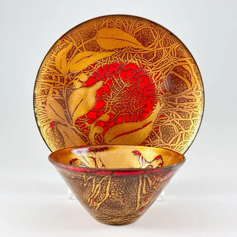 Patty Kaeser Enameled Copper Cup & Saucer Red Leaves MCM Mid Century Vtg 1970s