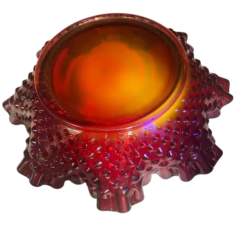 Fenton Hobnail Amberina Bowl Ruffled Glow CottageCore Vintage Pre 1970s