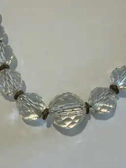 Vintage Art Deco Faceted Rock Crystal Bead Necklace With Sterling Silver Clasp. 14”