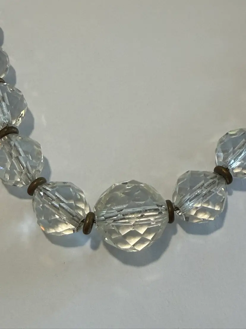 Vintage Art Deco Faceted Rock Crystal Bead Necklace With Sterling Silver Clasp. 14”