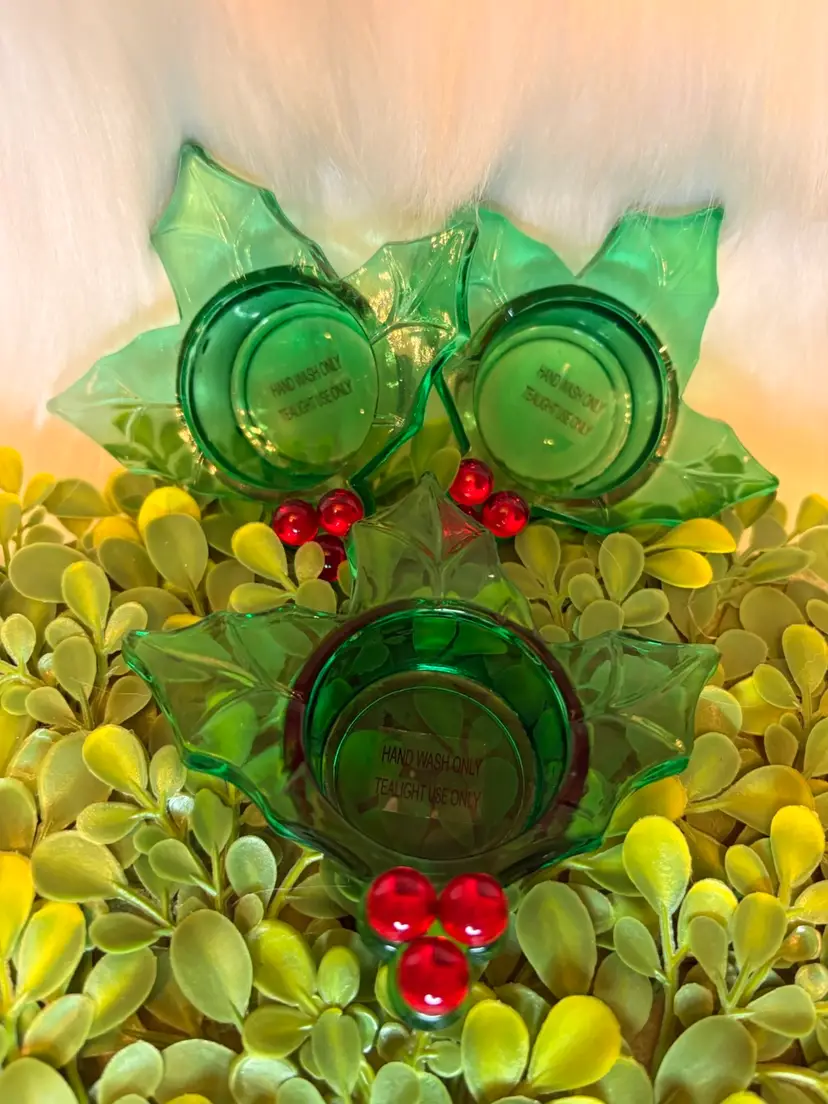 Set of 3 - Green Glass Holly Leaf Tealight Holders w/Red Berry Accents