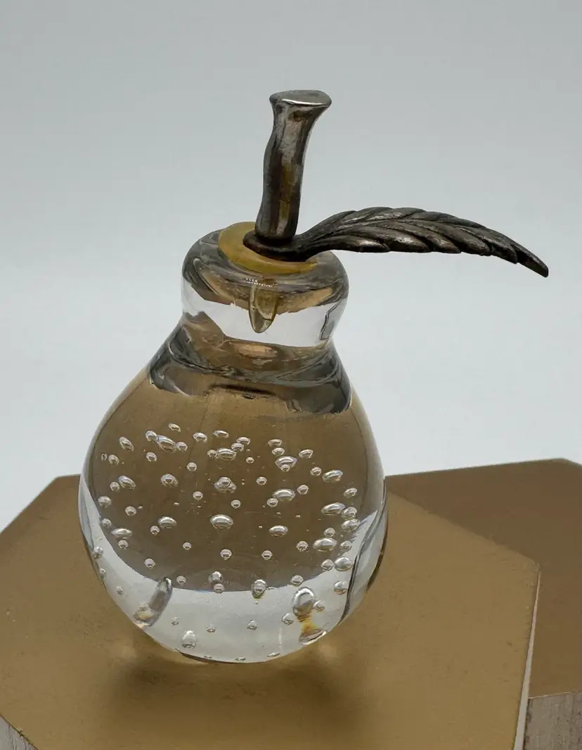 Vintage Glass Pear With Brass Stem Paperweight Bubbles