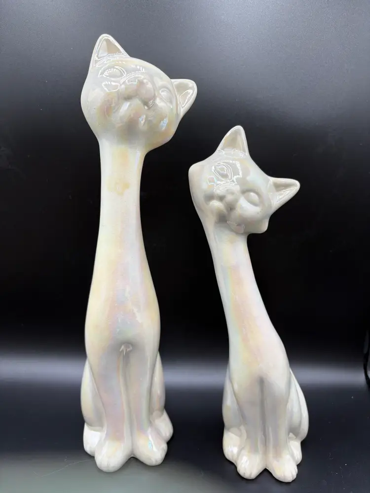 Pair Of Stretch Neck Cats Pearl Iridescent Glaze 12” And 10”