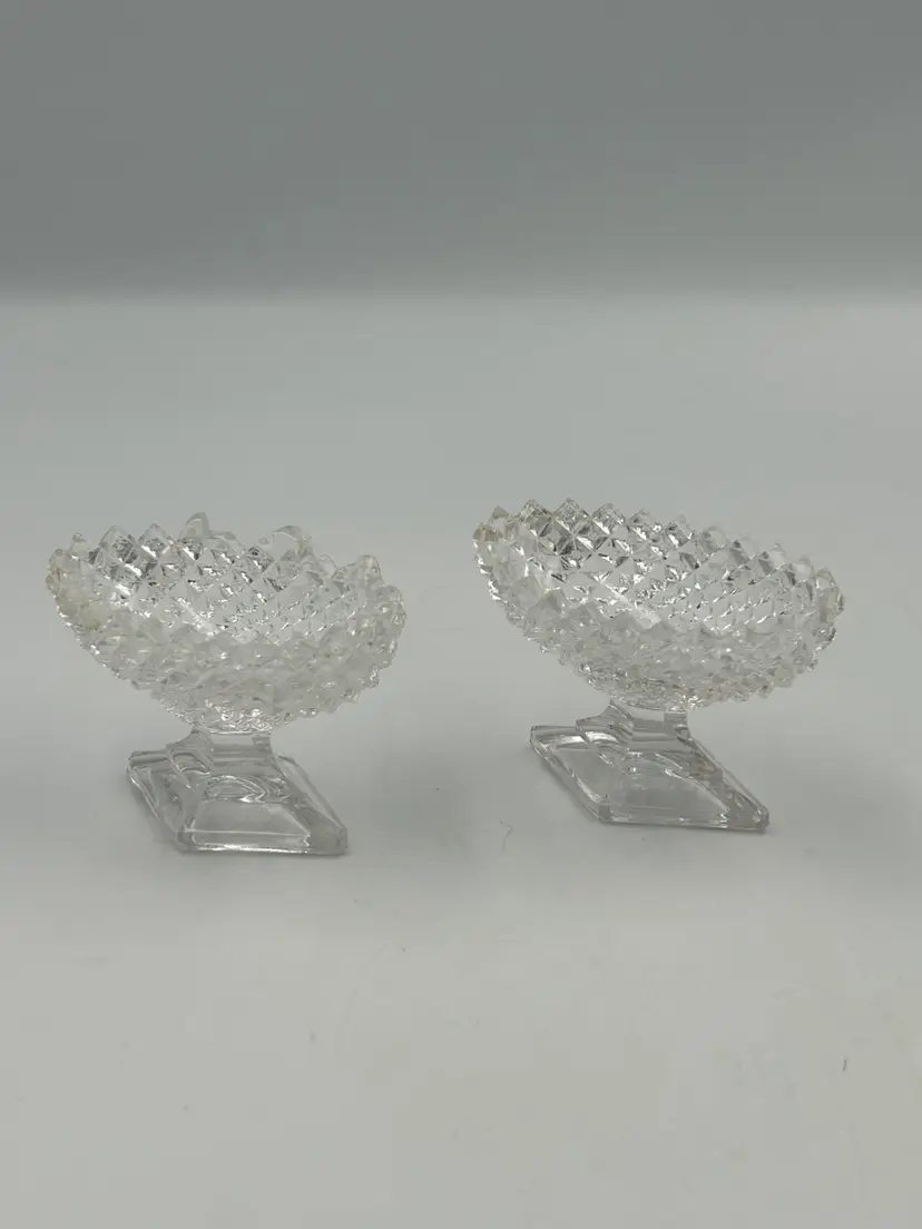 2 Different Design Vintage Crystal Hobnail Sawtooth Edge, Open Salt Or Almond Dishes Glow