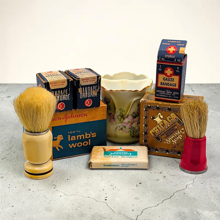 Vtg Shaving & First Aid Bathroom Lot Shaving Brush soap Lamb's Wool Gauze