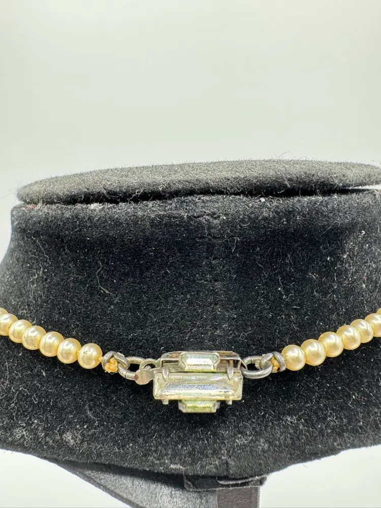 # 57 Vtg. Pre 1976 Graduated Faux Pearl Necklace 3 Emerald Cut Stone Clasp Marked Sterling 16”