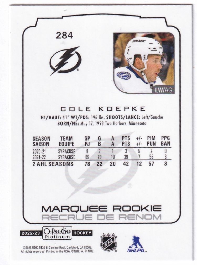 2022-23 O-Pee-Chee Platinum #284 Cole Koepke RC Tampa Bay Lightning Hockey Card