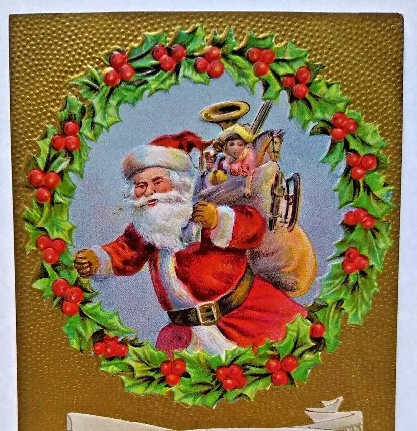 Santa Claus With Toys Hail Happy Christmas Tide Postcard Embossed Vintage Unused