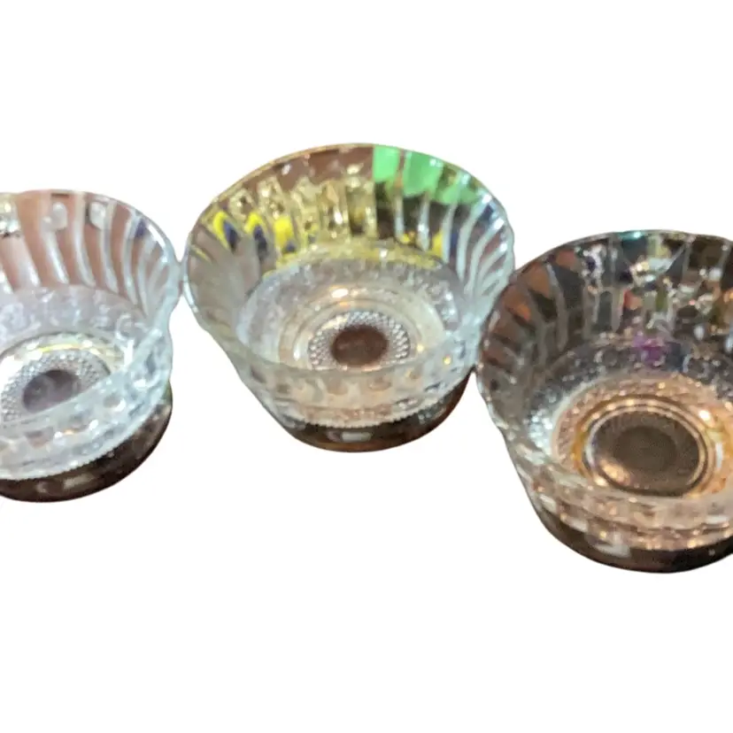 Set Of 3 Pressed Glass Bowl With Silver Plated  Vase MCM