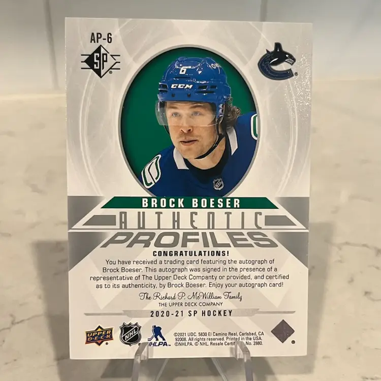 2020-21 Upper Deck SP Brock Boeser Authentic Profiles Auto 