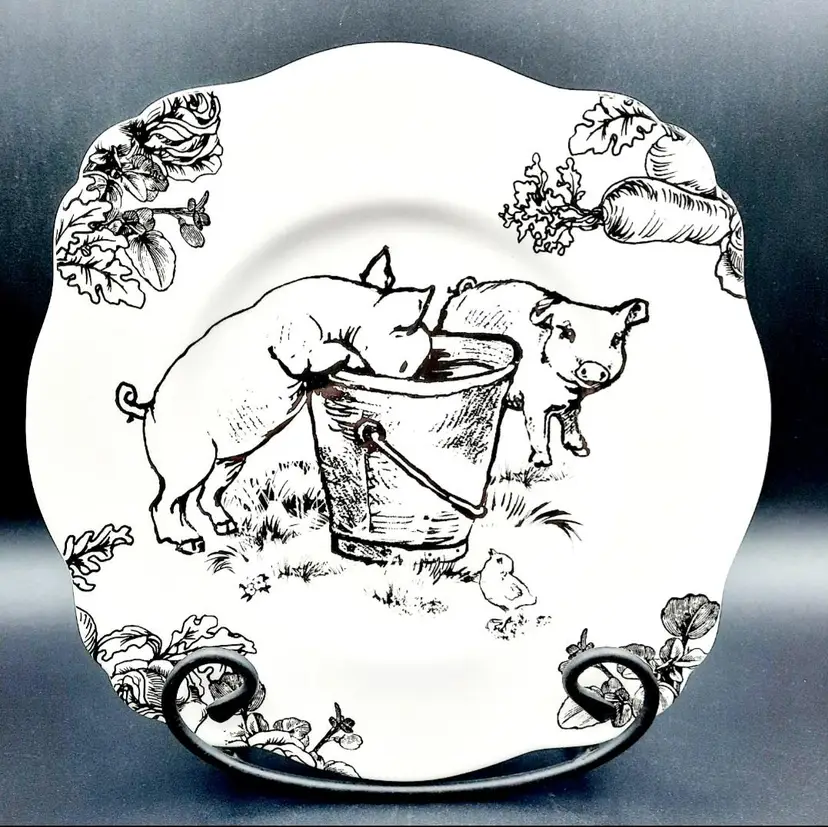 E. Trostli Barnyard Toile Black & White Pig Plate