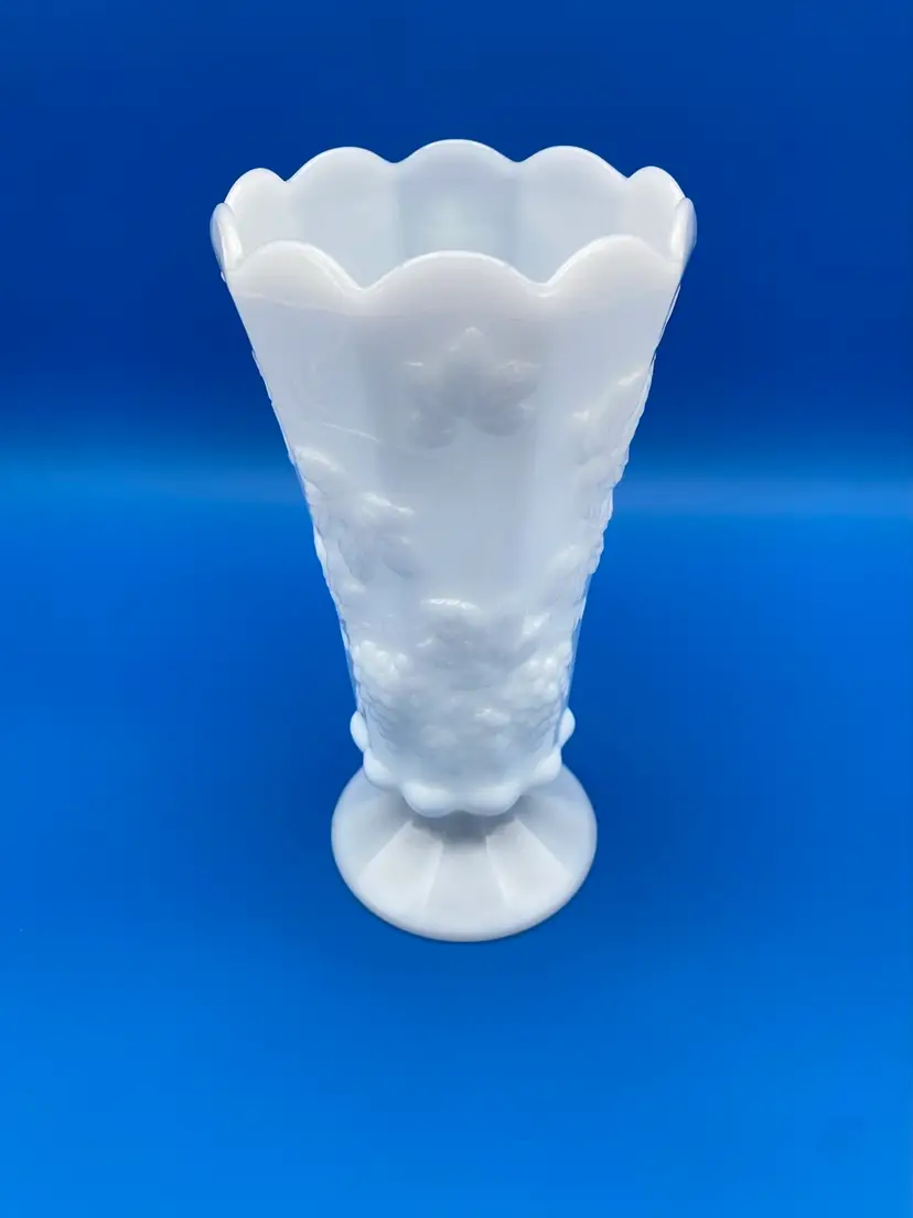 Westmoreland Milk Glass Paneled Grapevine Pattern 9.25" Tall Footed Vase
