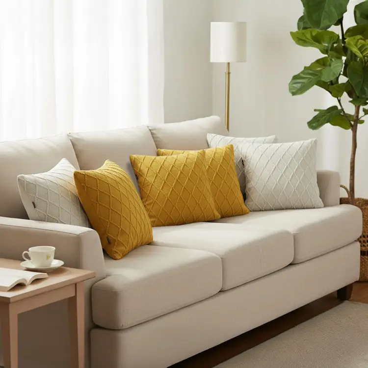 SOGA 6PC Cream Cable Knit & Sunshine Yellow Diamond Knit Pillow Covers 45cm Set