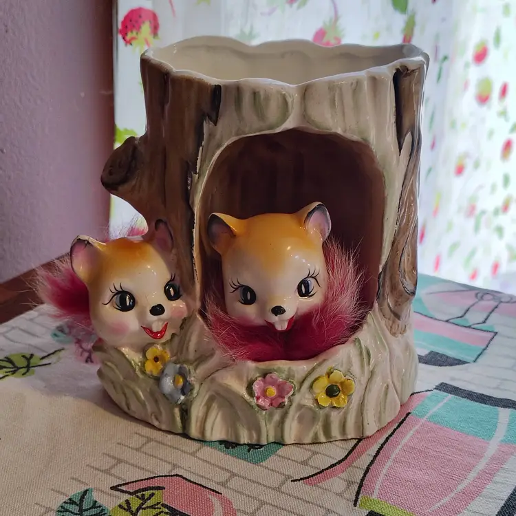 Vintage Chipmunk or Squirrel Planter | Super Kitschy and Cute Little Woodland Critters on a Stump | Springy Squeaker Nodder with Real Fur Accents | 1950s Rubens Original Made in Japan