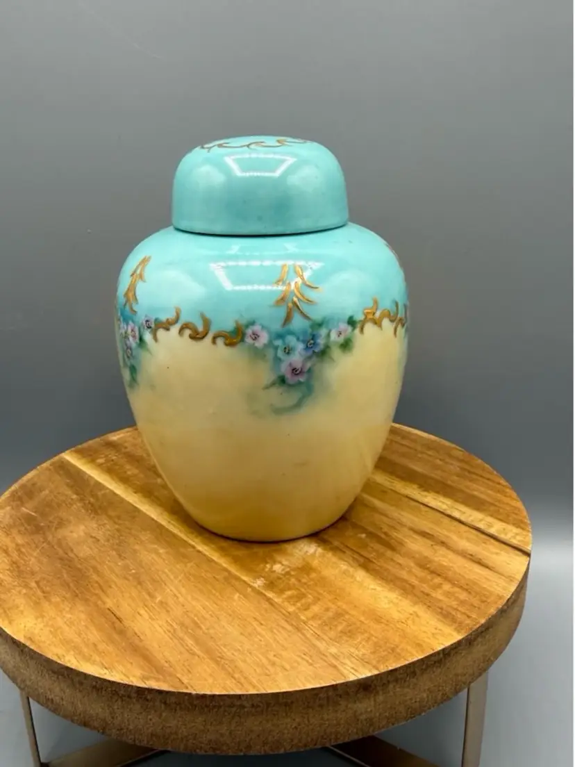 Vintage Hand-Painted Ginger Jar Signed Nita Harris 1950 - Turquoise & Gold Lidded Urn