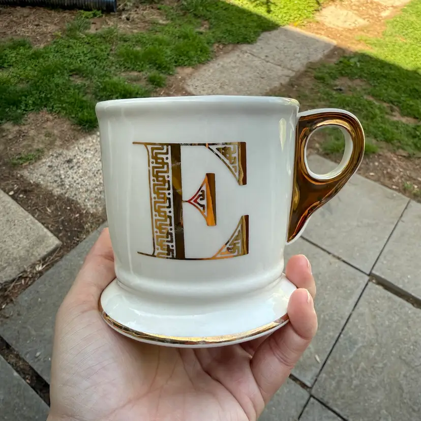 Anthropologie Gold Monogram E Handled Coffee Tea Mug Boho Ceramic Minimal