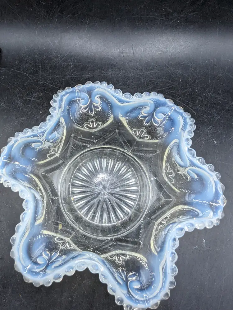 Vintage Dugan Style Jeweled Heart White Opalescent Bowl Dish 5.75 Inches