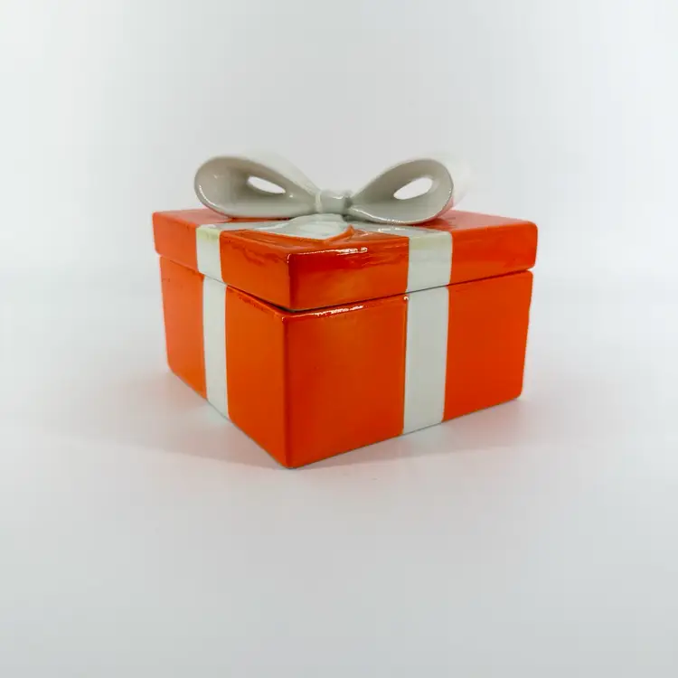 Manciolo Italy 5.25"x5.25" Orange & White Bow Box Lidded Trinket Jewelry