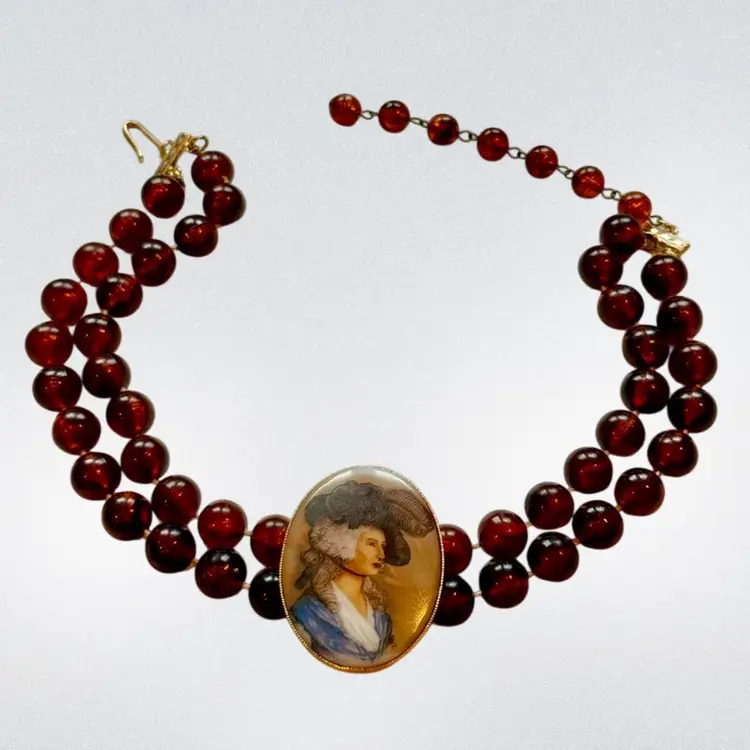 Vintage West Germany Double Strand Amber Plastic Beaded Necklace w/Detachable GoldTone Cameo Clip On Pendant