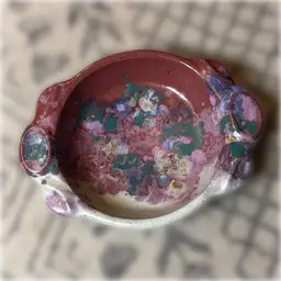 Signed Colorful Studio Pottery Bowl with Handles - 8.5” wide from handle to handle, bowl itself is 6.5” in diameter, and 2” tall