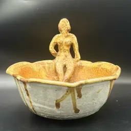 Studio Art Pottery Applied Lady On Trinket Bowl With Drip Glaze