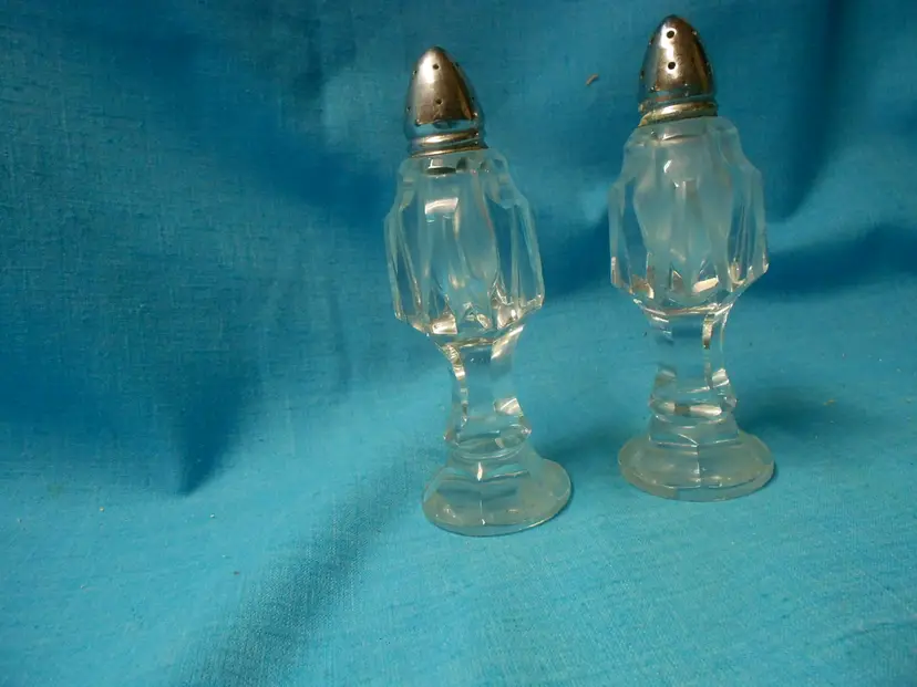 Vtg Cut Crystal Salt and Pepper Shakers w/Pedestal Bases and Metal Lids MCM Art Deco (DR)