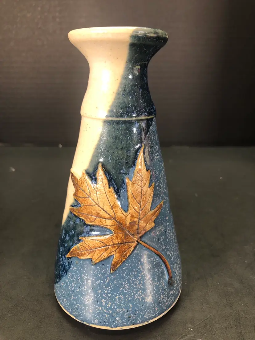 Blue Cream Taupe Hand Made Pottery Vase Leaf Imprint