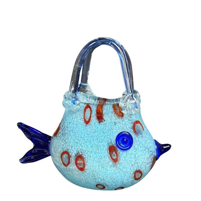 Glass Fish Purse Figurine Kitsch  Beach Shelf Decor Light Blue/Red Spots/Cobalt/Blue Fins Eyes & Mouth
7-1/4” T x 8” L x 3-1/4” W