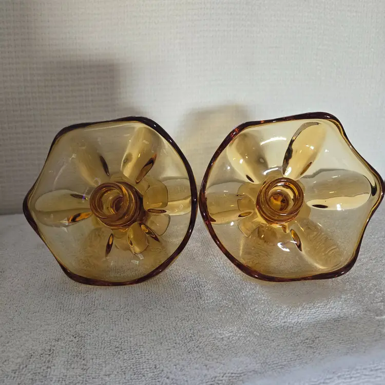 Pair Of Viking Glass Epic 6 Petal Amber Petal Design Taper Candlestick Holders