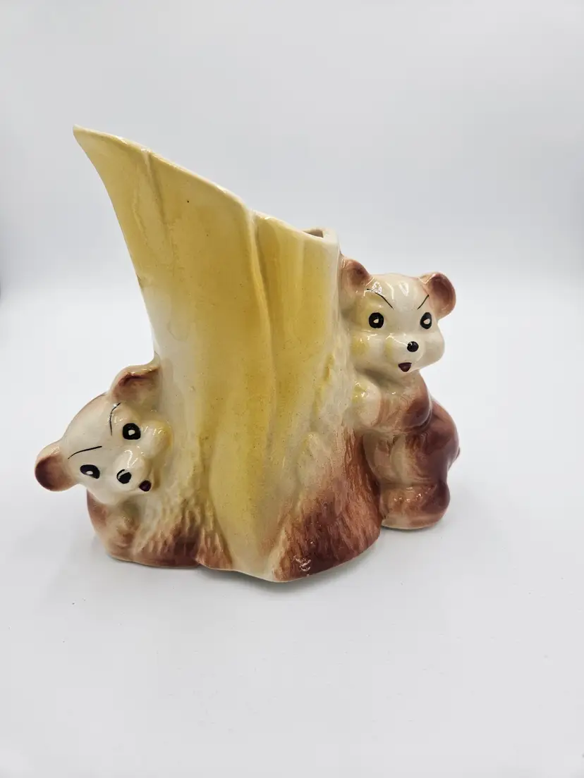 #C18 Glazed Ceramic Bear Cub and Tree Planter