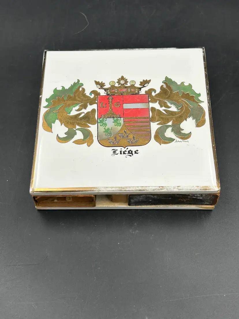 Vintage Porcelain Matchbox Holder Box Coat Of Arms Liege Belguim Chip