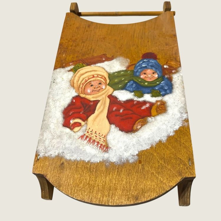 vintage wooden hand painted 12.75 x 7.5 sled with children playing in snow