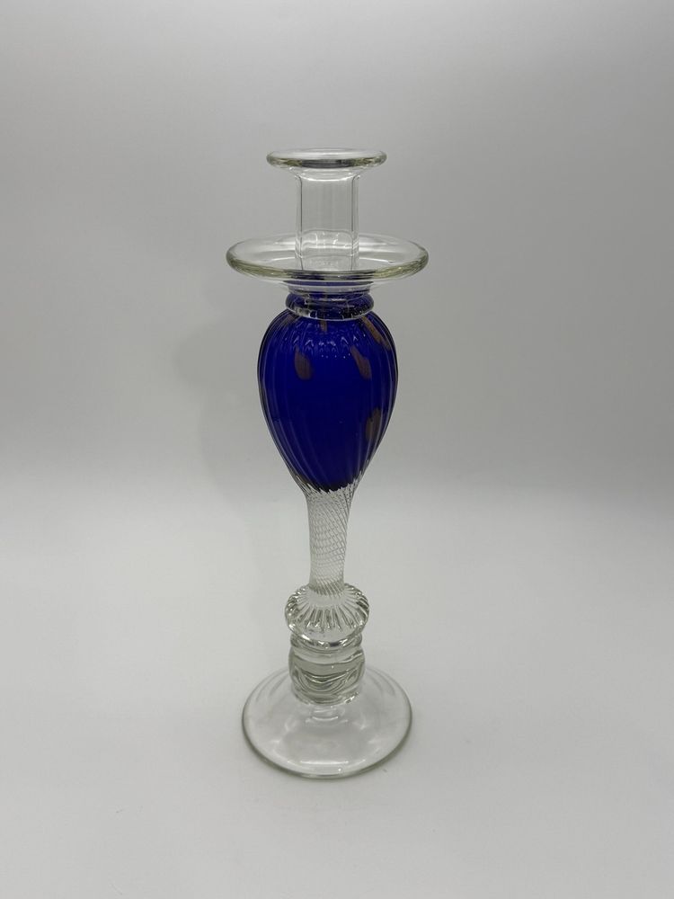 Vincenzo Nason Murano Handblown Art Glass Candlestick Holder Blue Aventurine 13”