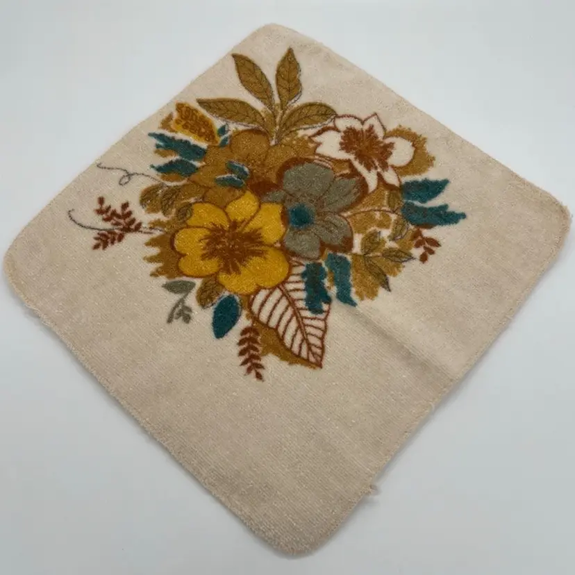 Vintage Pair Cannon Washcloth Rag Gold Teal Gray Tan Floral Bath Bathroom Kitchen