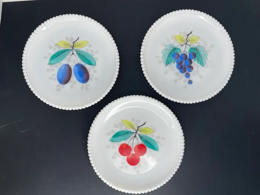 3 VTG Westmoreland Beaded Milk Glass Plates Hand Painted Cherries Grapes Olives