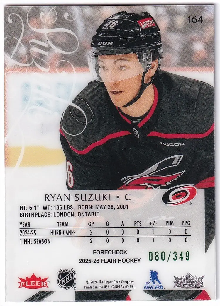 2025-26 Flair Forecheck #164 Ryan Suzuki Carolina Hurricanes Hockey Card