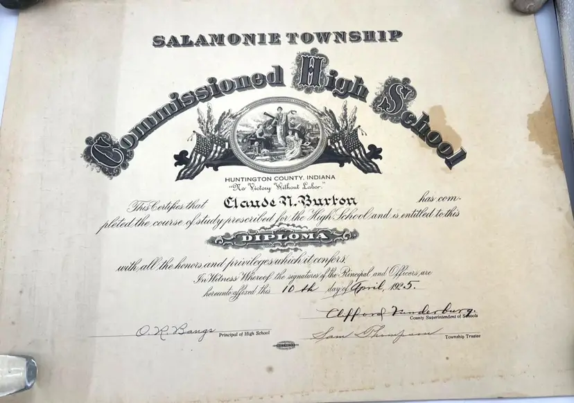 Vintage 1925 Salamonie Township High School Diploma Huntington County Indiana