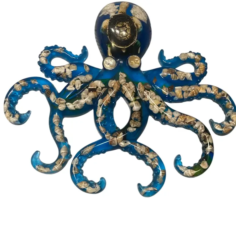 Blue Handmade Resin Octopus Wall Art W/ Turtle & Real Seashells By Resindoodles Studios