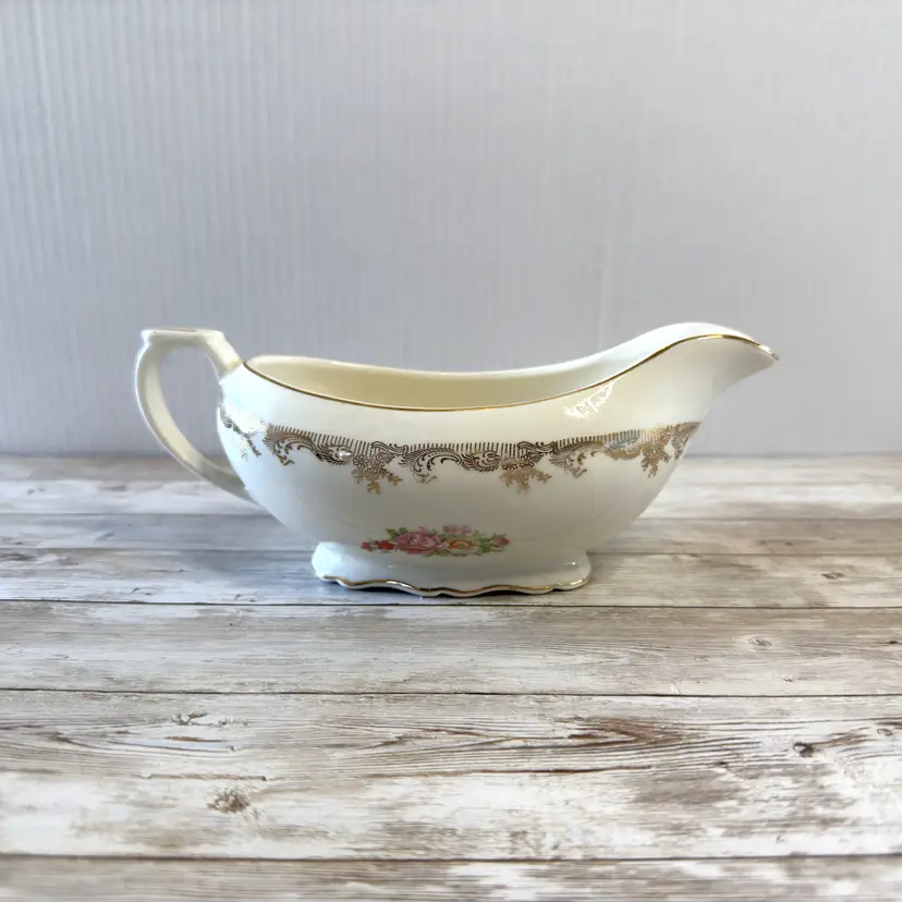 22K Gold Filigree Canonsburg Pottery Lajean Gravy Boat: Pink Rose Floral Vintage China (0021-25)