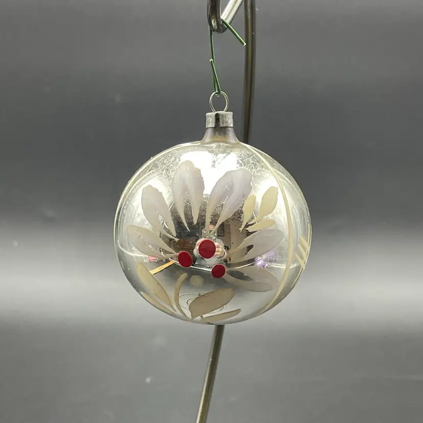 Blown Mercury Glass Christmas Ornament West Germany Hand Painted Flower VTG