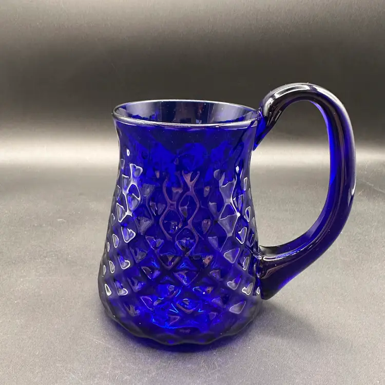 Gorgeous Cobalt Blue Diamond Dimpled Art Glass Pitcher, Signed Mark Matthews 85’