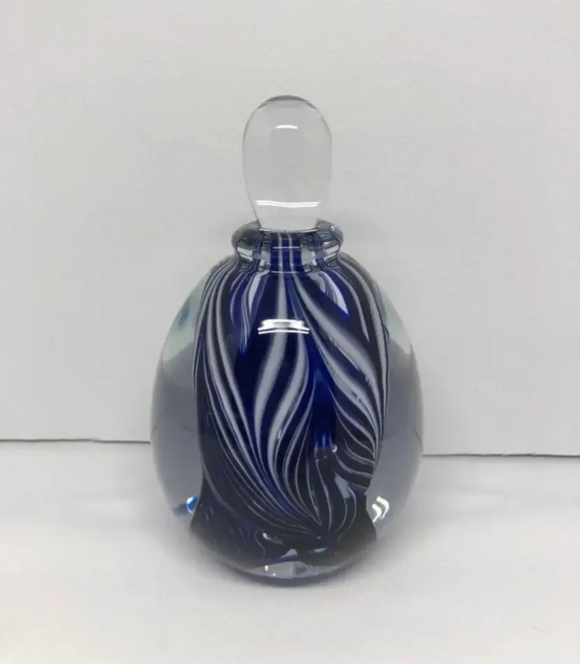 Stunning Signed Hand-Blown Blue and White Feathered Art Glass Perfume Bottle