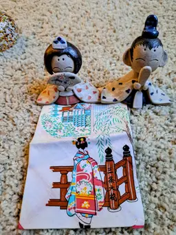 Japanese Hina Dolls/Ceramic. Vintage Japanese handkerchief included