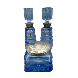 Vintage Blue Cut Glass Vanity Set W/ Silver Plate Lid Accents Perfume Bottles